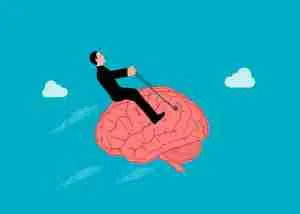 Drawn image of a man riding a brain like a horse