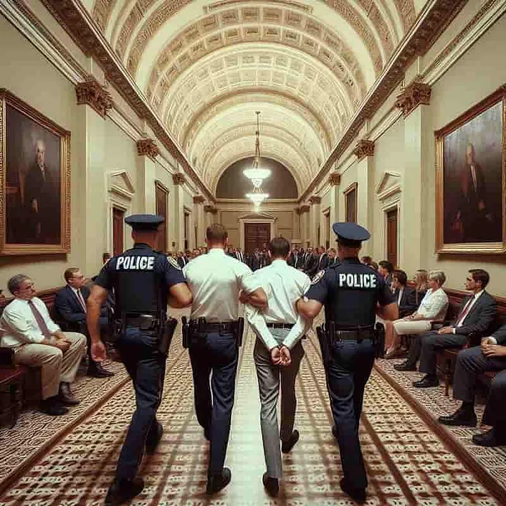 Author’s AI generated of two politicians being escorted from Congress by two policemen who have arrested the politicians. 
