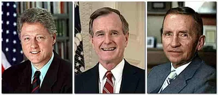 3-panel image of presidential candidates Clinton, Bush, and Perot
