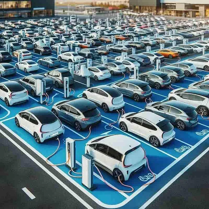 AI-generated image of a parking lot full of cars all plugged into charging stations