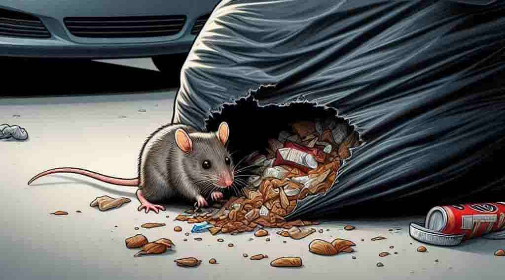Mouse chewing a garbage bag in my garage
