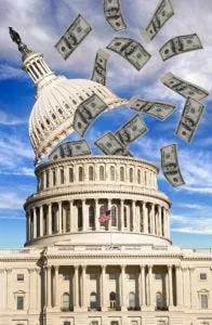 Taxpayers Dollars flying out of the open top of the US Capitol building