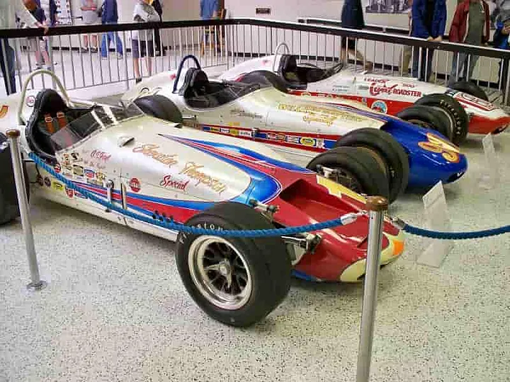Indy cars driven by A.J.Foyt, Parnelli Jones, and Roger Ward