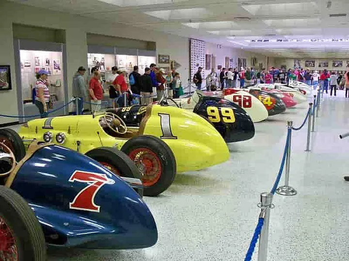 Vintage Indy 500 race cars inside the onsite track museum