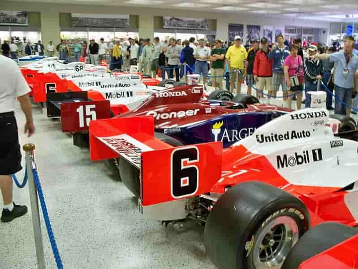 Vintage Indy 500 race cars inside the onsite track museum