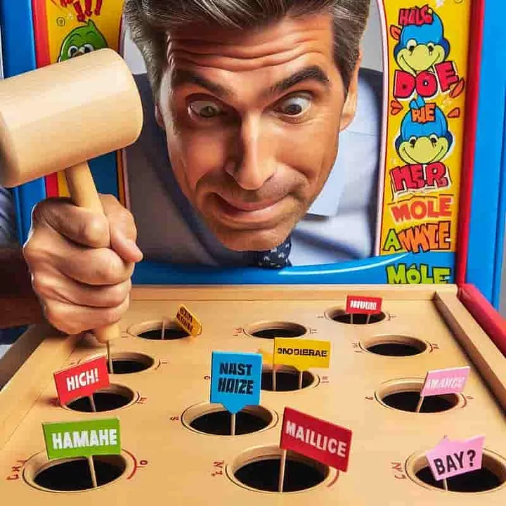 Man playing a version of Whack-a-Mole