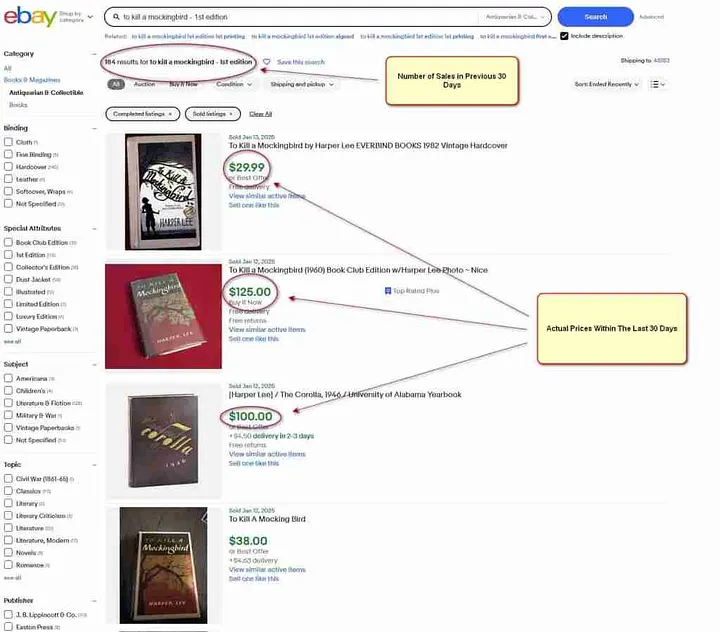 Screenshot of Ebay of monthly completed sales