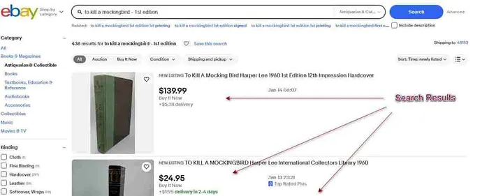 Screenshot of Ebay Search Results