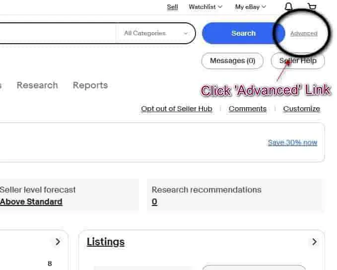 Screenshot of Ebay Advanced Link