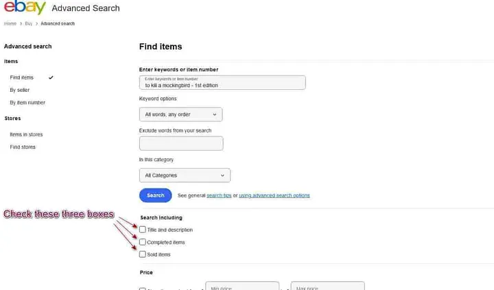 Screenshot of Ebay Advanced Search