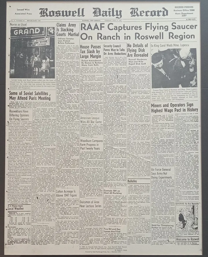 Author’s image of my framed copy of the original Roswell Daily Record story