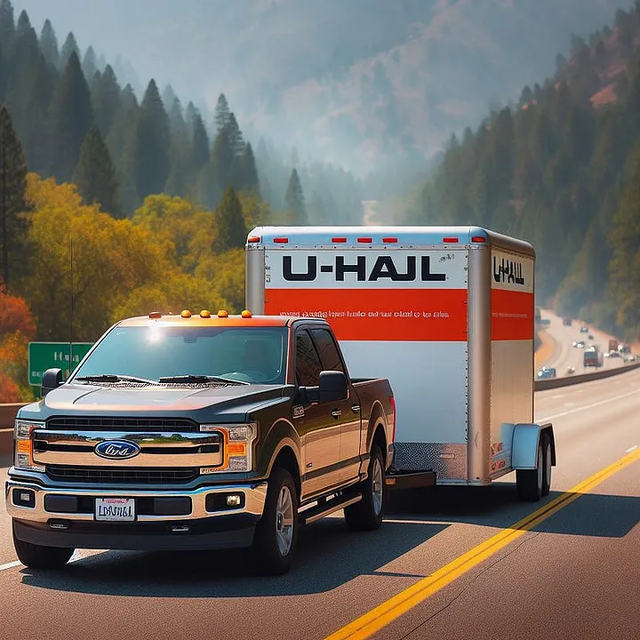 A pickup truck towing a U-Haul enclosed trailer