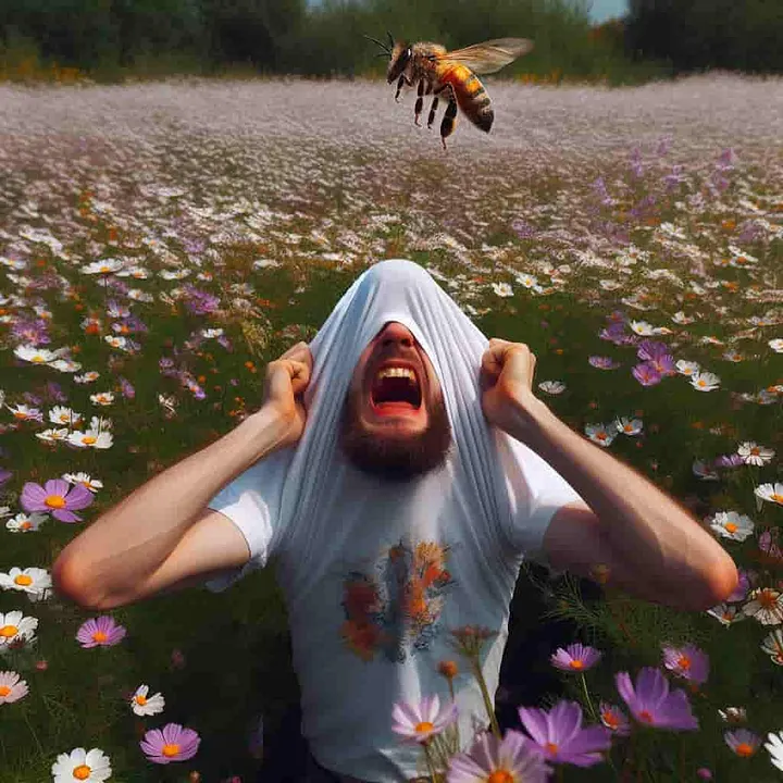 AI-Generated image of a man in a field who has pulled his T-Shirt over his head to protect his hair from a bee flying overhead trying to attack him 
