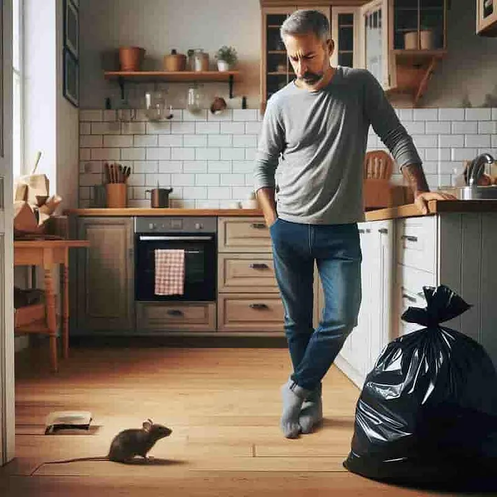 Author’s AI image of a man looking down at a mouse in his kitchen
