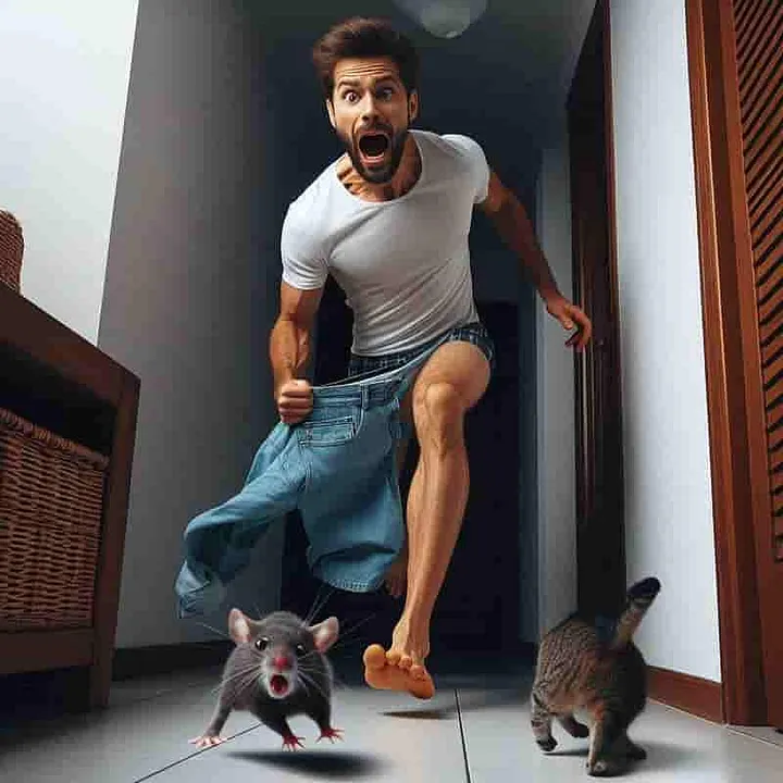 AI generated image of me running down the hallway with one pant leg on while chasing a mouse and screaming at it