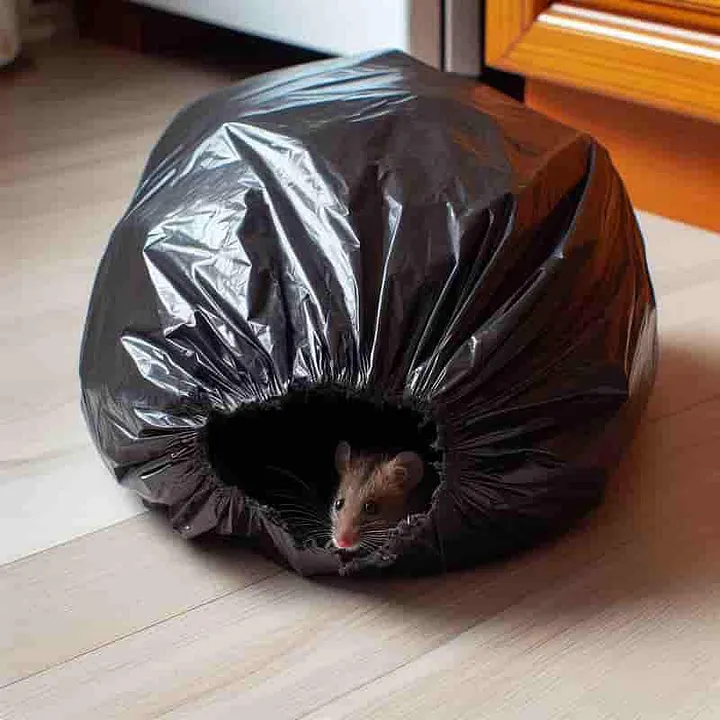 A mouse in a large garbage bag on the kitchen floor