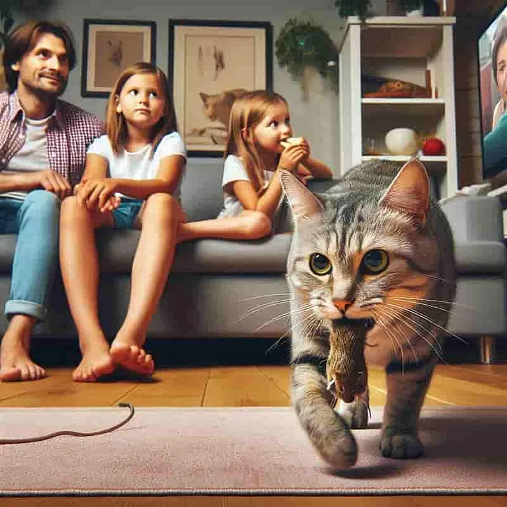 AI-generated image of a family sitting on their couch as a cat carries a mouse in its mouth to show its owner what it had killed