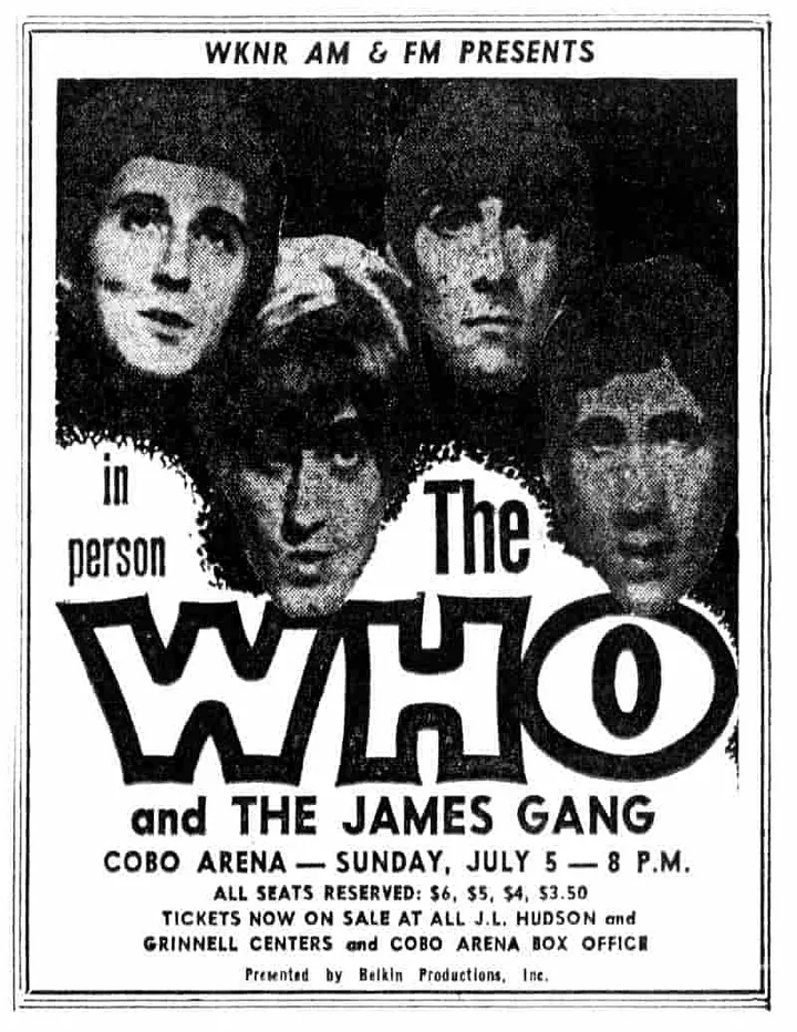WKNR promotional poster for a concert featuring the Who and the James Gang in 1971