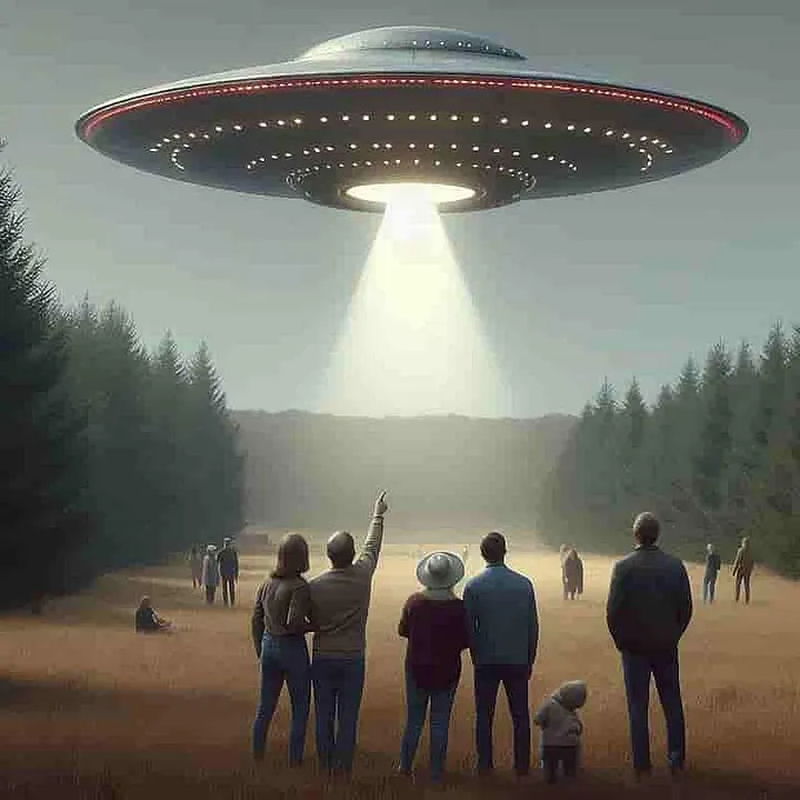 UFO in the sky with a beam of light shining down