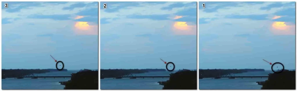 3 panel image of the area where I saw the UFO over Lake Erie. Drawn in dots represent the locations of the UFO